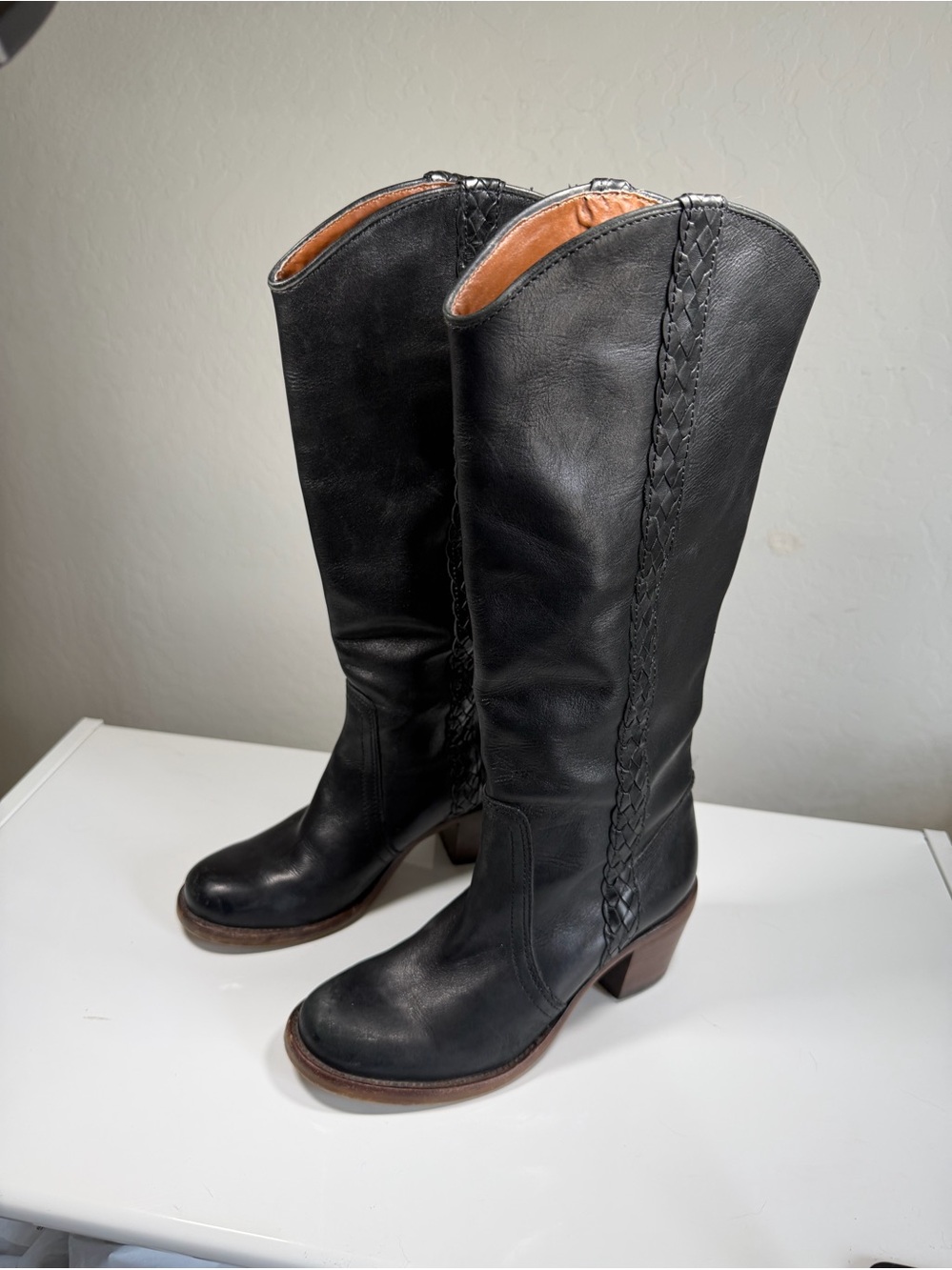 Steve Madden Hypper Leather Tall Boots Black Stacked Heel Size 7